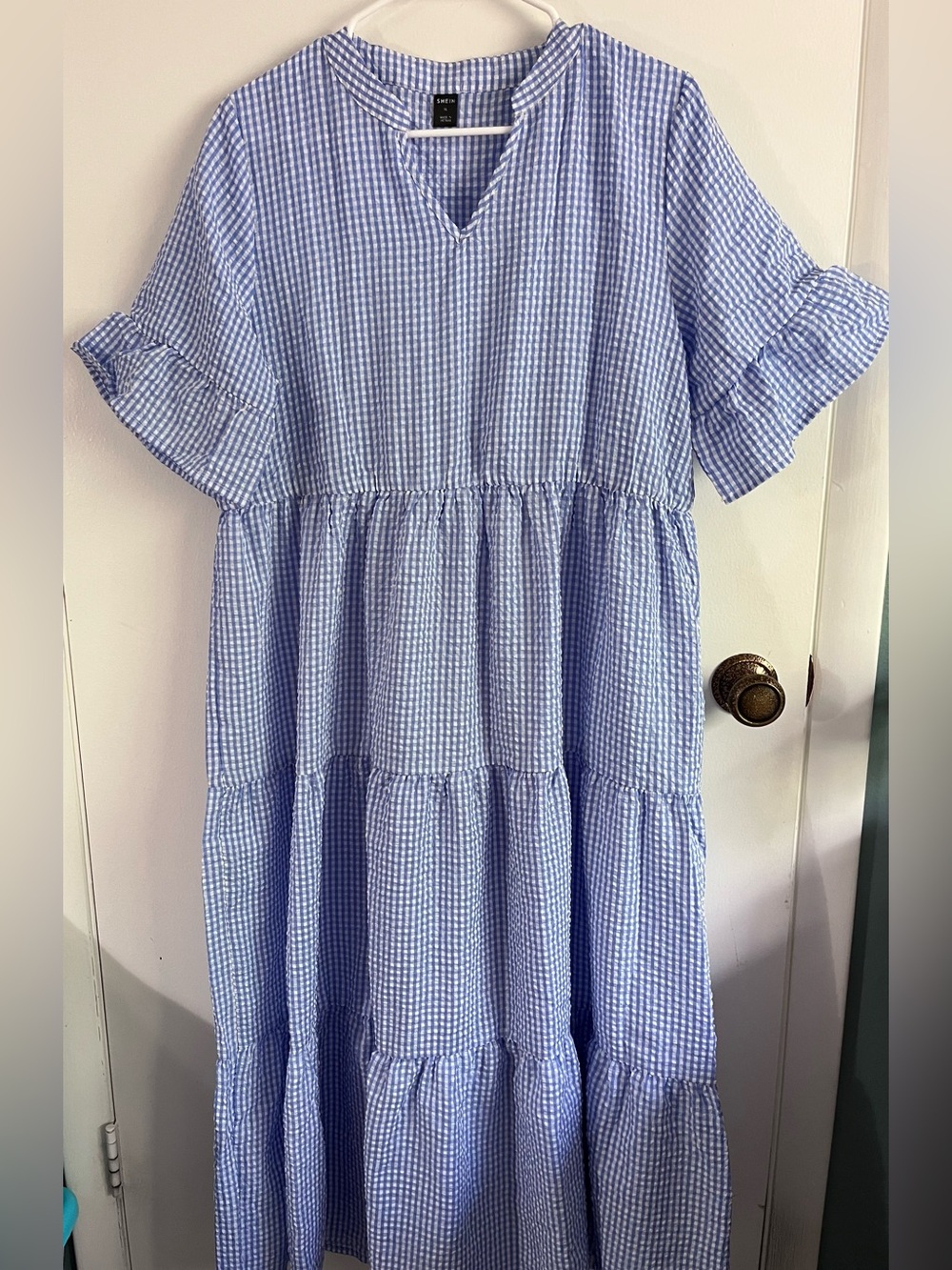SHEIN Light Blue Cottagecore Gingham Tiered Maxi Dress XL